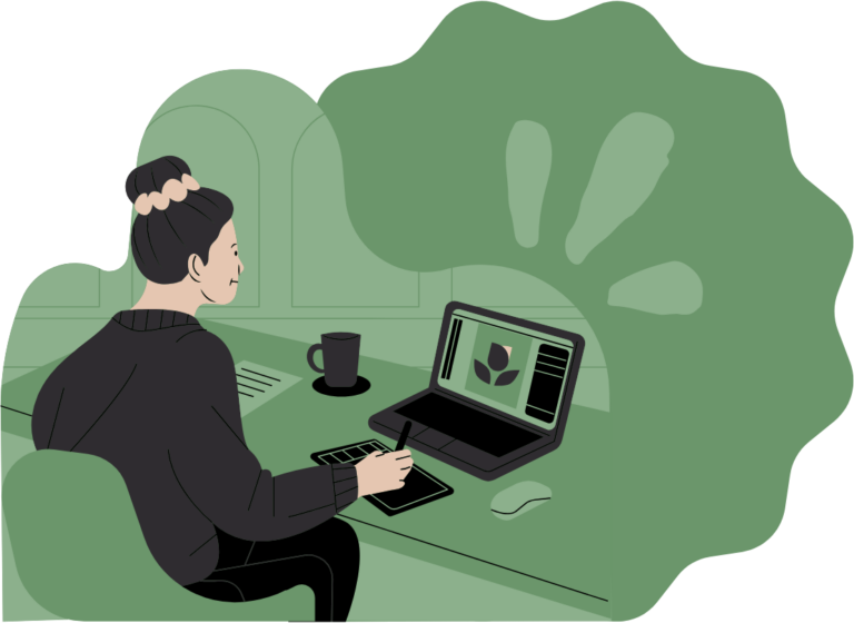 Comic einer Frau, die am Laptop eine Grafik erstellt; alles in Grün-Tönen