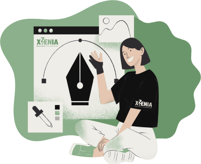 Comic einer zur Begrüßung winkenden Frau vor einer Grafik mit Designer-Tools eines Grafikprogrammes; alles in Grün-Tönen